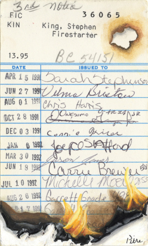 Heidi Pitre illustration of a fire for firestarter on Stephen king's vintage ephemera library borrower card.