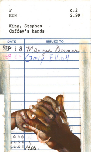 Heidi Pitre illustration of Coffey's hands on Stephen king's green mile vintage ephemera library borrower card.