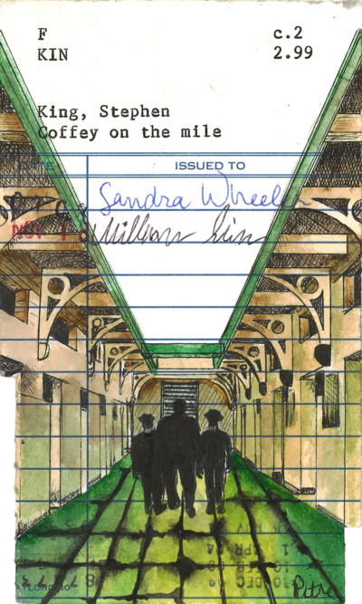 Heidi Pitre illustration of Coffey on the mile on Stephen king's green mile vintage ephemera library borrower card.