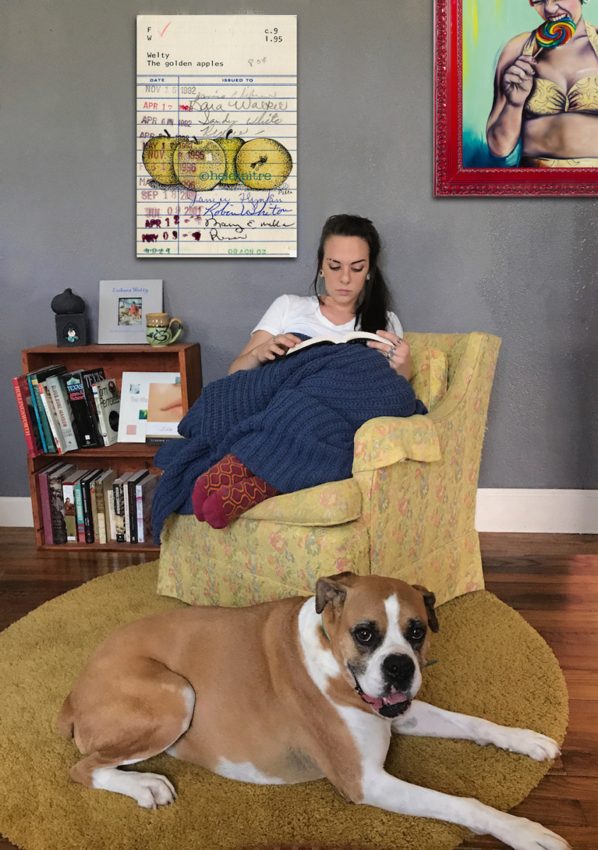 Heidi Pitre illustration of golden apples by Eudora Welty on vintage library card