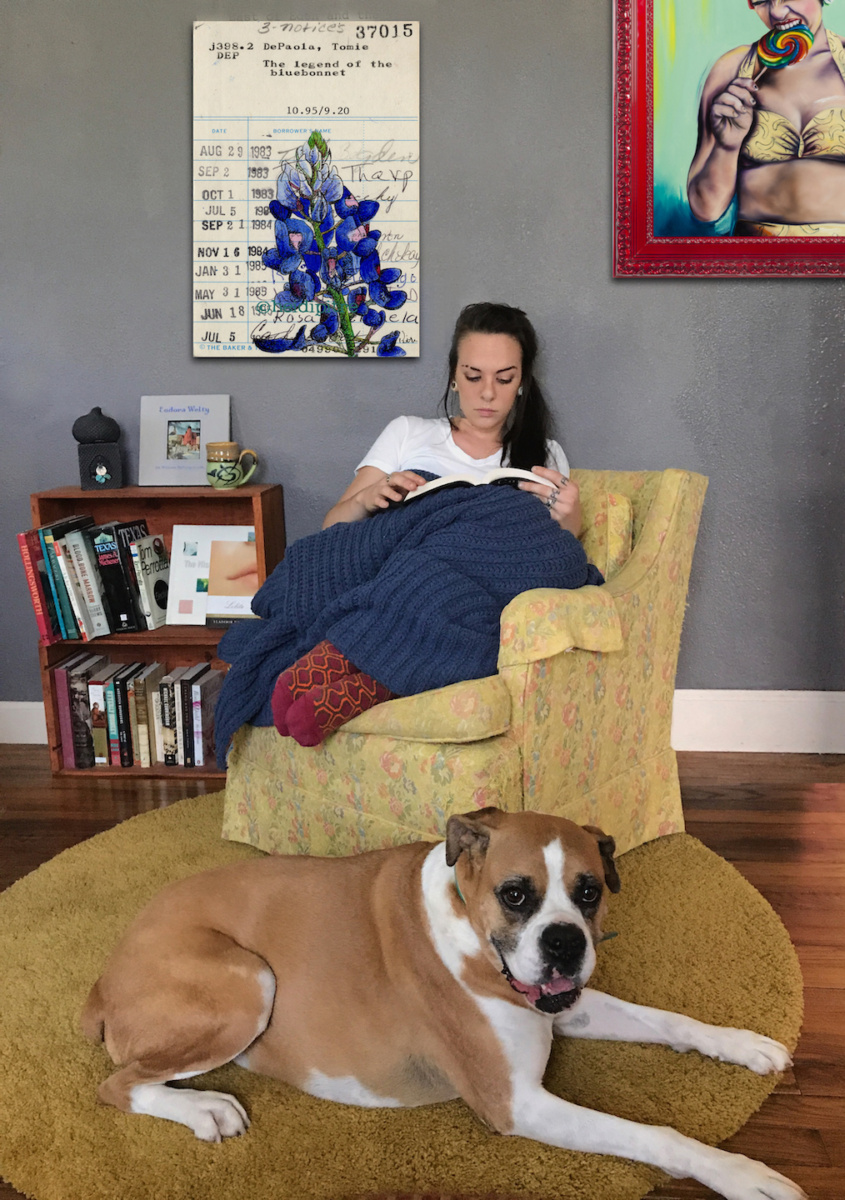 Heidi Pitre illustrates the texas bluebonnet on an oversized canvas print on a vintage library card