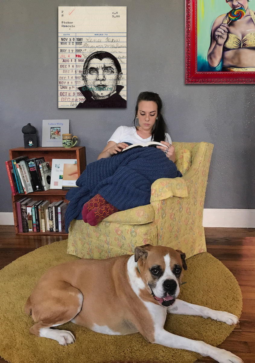 Heidi Pitre illustrates bela lugousi Dracula on stoker's library card in pen and ink.