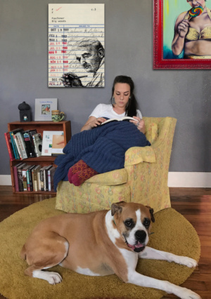 Heidi Pitre illustrates William Faulkner on vintage library card for Mississippi literature. southern lit