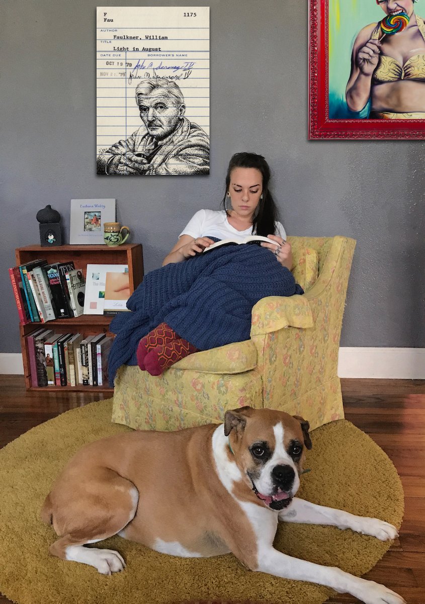 Heidi Pitre illustrates William Faulkner on vintage library card for Mississippi literature. southern lit