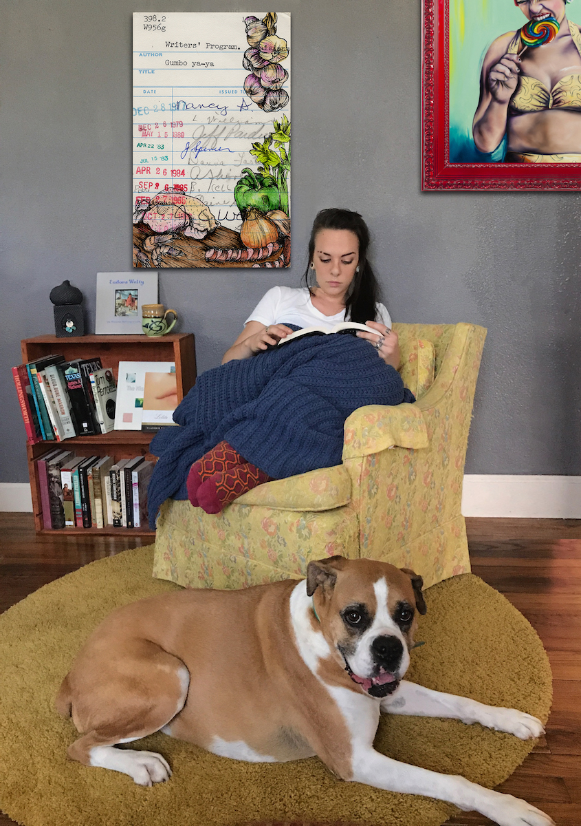 Heidi Pitre illustrates gumbo in pen and ink and watercolor on vintage library card gifts for librarians, New Orleans and book lovers