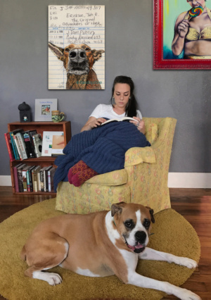 Heidi Pitre illustrates dog hank on the original adventures of hank the cow dog on vintage library card gifts for book lovers and librarians. pen and ink and watercolor