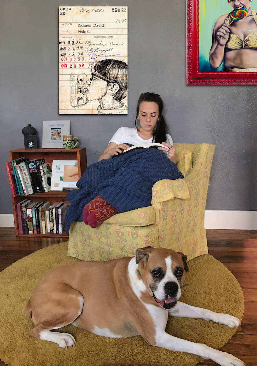 Heidi Pitre illustrates David seders from naked on vintage library card. gifts for book lovers and librarians