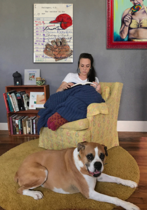 Heidi Pitre illustration of holden caulfield's red cap and baseball glove by Salinger on vintage library card.