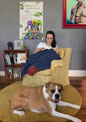 Heidi Pitre illustrates New Orleans mardi gras float jester float and beads on vintage library card for librarians and book lovers