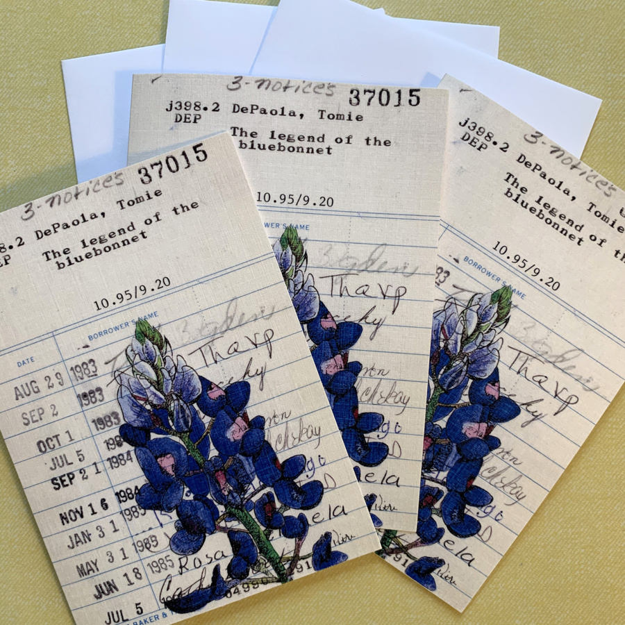 Heidi Pitre linen bluebonnet library borrower card notecards. Texas bluebonnet.