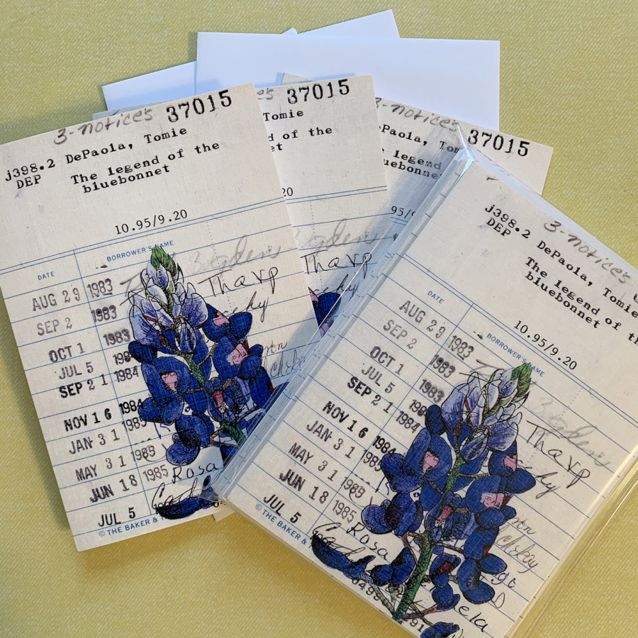 Heidi Pitre linen bluebonnet library borrower card notecards. Texas bluebonnet.