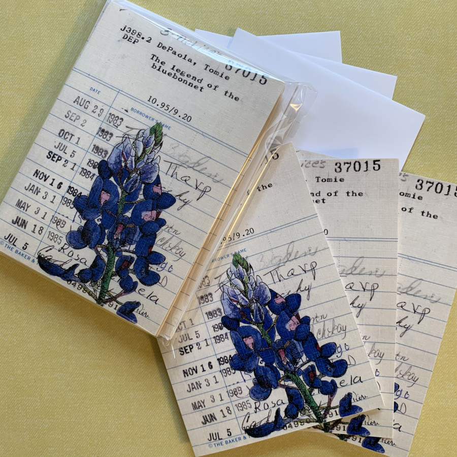Heidi Pitre linen bluebonnet library borrower card notecards. Texas bluebonnet.