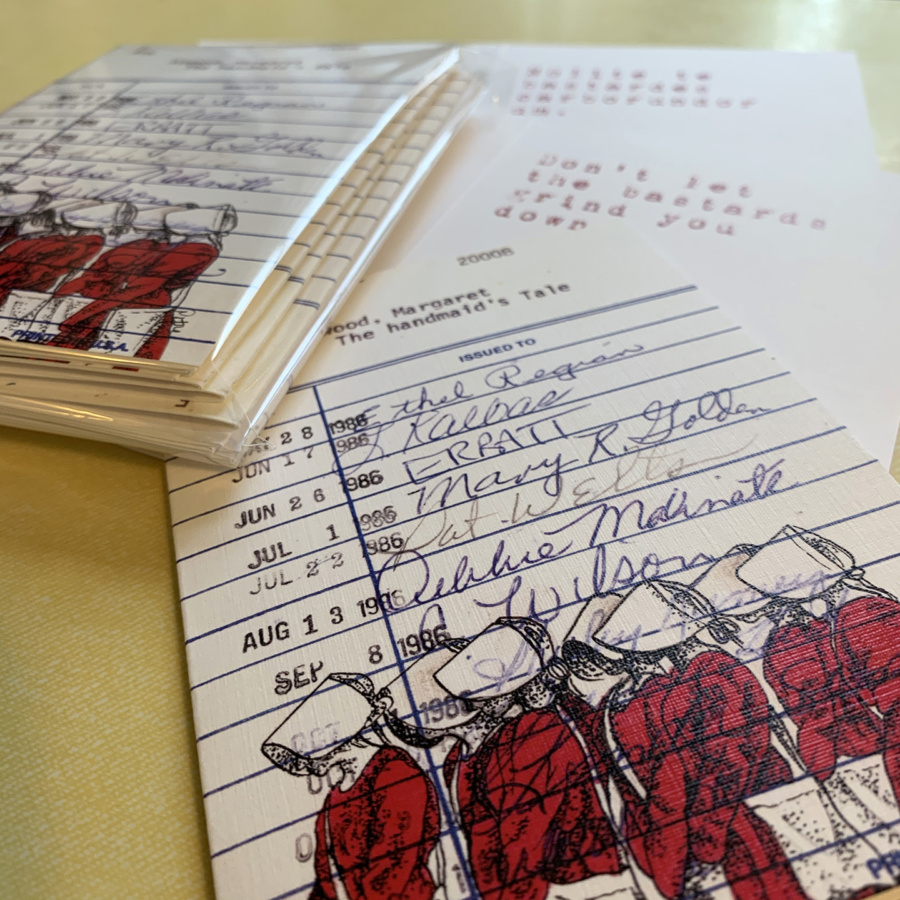 Heidi Pitre linen handmaid's Tale library card notecards. gifts for librarians and book lovers