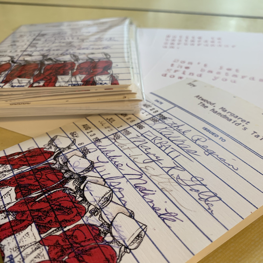 Heidi Pitre linen handmaid's Tale library card notecards. gifts for librarians and book lovers