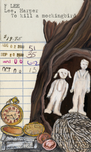 Heidi Pitre illustration of item in a tree from Harper Lee's to kill a mockingbird on vintage ephemera library borrower card. stop watch, soap dolls, ball of twine