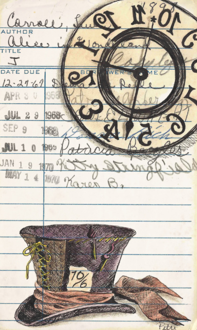 Heidi Pitre watercolor illustration of lewis carroll's Alice in wonderland mad hatter and clock. gifts for book lovers and librarians