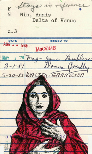 Heidi Pitre oversized canvas print of anais nin from delta of Venus drawn on vintage library card.