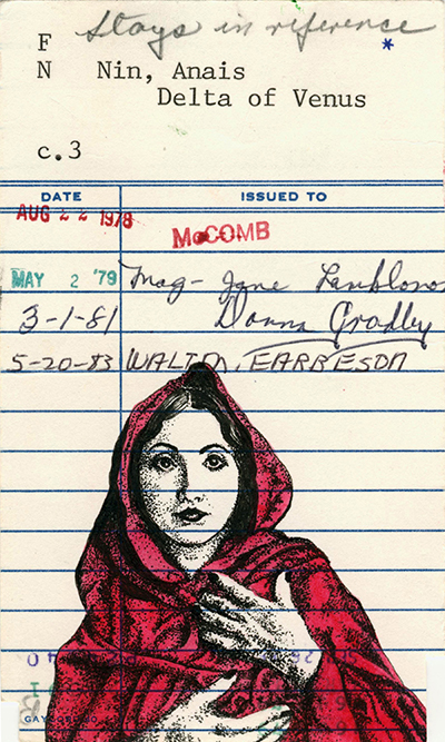 Heidi Pitre oversized canvas print of anais nin from delta of Venus drawn on vintage library card.