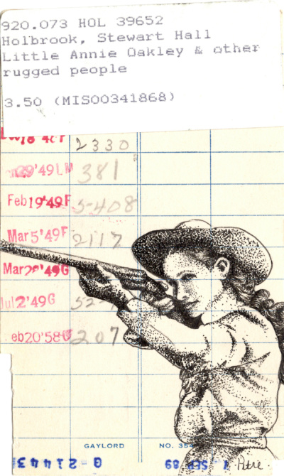 Heidi Pitre illustration of Annie Oakley on a vintage library card
