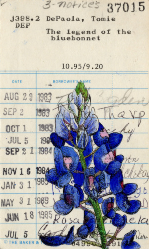Heidi Pitre illustrates the texas bluebonnet on an oversized canvas print on a vintage library card