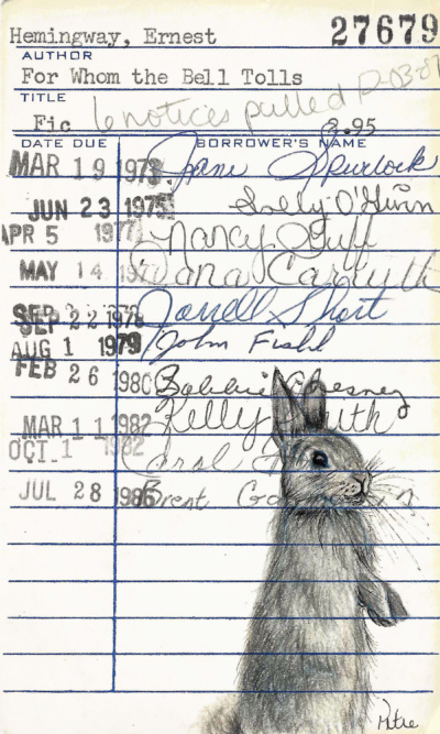 Heidi Pitre illustration of a bunny on a for whom the bell tolls hemmingway vintage library card.