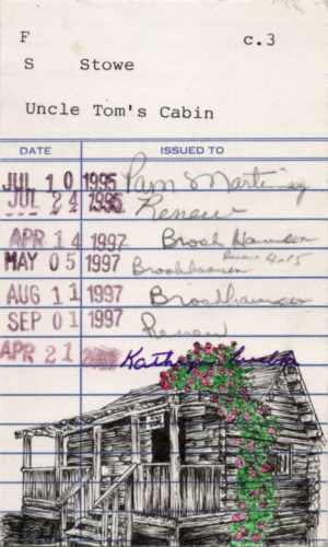 Heidi Pitre illustration of Uncle Tom's Cabin by Harriet b Stowe on vintage library card.