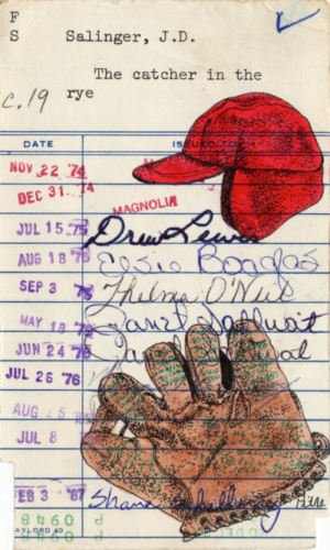Heidi pitre watercolor illustration of holden Caulfield's red cap and baseball glove from Salinger's the catcher in the rye on vintage library card ephemera. gifts for librarians and book lovers.