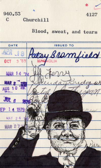 Heidi Pitre's pen and ink drawing of Churchill's blood sweat and and tears on vintage library card