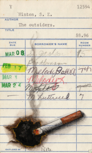Heidi Pitre watercolor of burning cigarette from s e Hinton's the outsiders on vintage library card ephemera. gifts for book lovers and librarians.