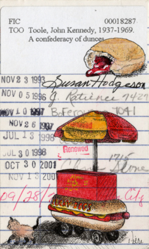 Heidi Pitre illustrates lucky dog hotdog stand and jelly donut from Toole's confederacy of dunces in New Orleans on vintage library card.