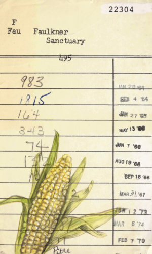 Heidi Pitre illustrates corn in colored pencil on William Faulkner's sanctuary library card