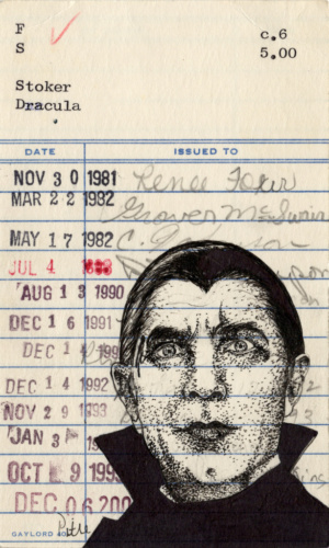 Heidi Pitre illustrates bela lugousi Dracula on stoker's library card in pen and ink.