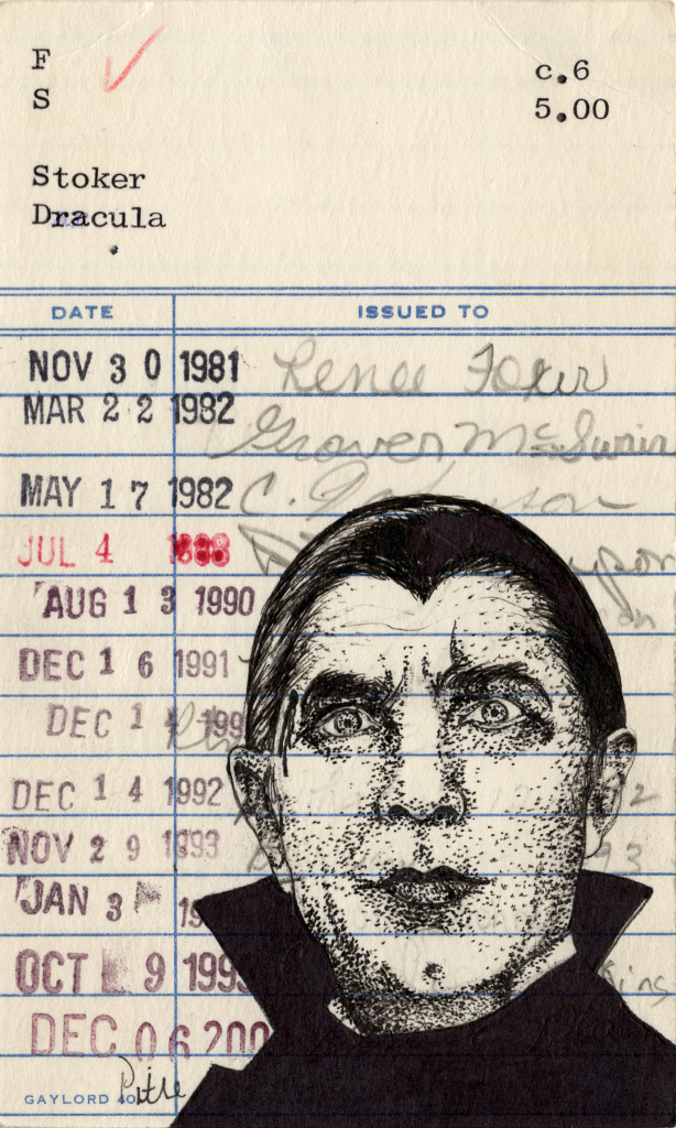 Heidi Pitre illustrates bela lugousi Dracula on stoker's library card in pen and ink.