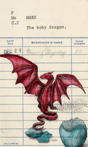 Heidi Pitre illustrates a baby red dragon and egg on vintage library card in watercolor