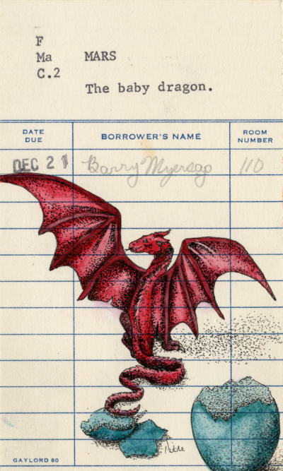 Heidi Pitre illustrates a baby red dragon and egg on vintage library card in watercolor