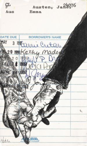 Heidi Pitre illustrates Jane Austen's Emma in pen and ink on vintage library card.