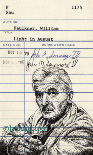 Heidi Pitre illustrates William Faulkner on vintage library card for Mississippi literature. southern lit