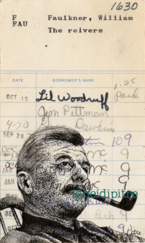 Heidi Pitre illustrates William Faulkner on vintage library card for Mississippi literature. southern lit