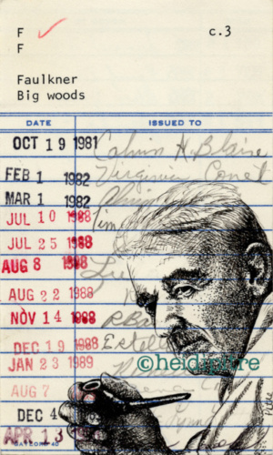 Heidi Pitre illustrates William Faulkner on vintage library card for Mississippi literature. southern lit