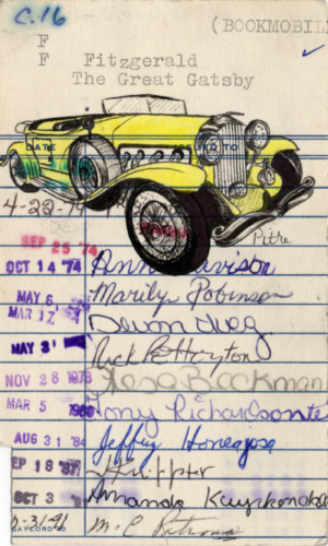 Heidi Pitre illustrates a yellow Bentley from Fitzgerald's the great Gatsby on vintage library borrower card for librarians and book lovers.