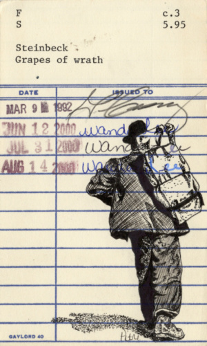 Heidi Pitre illustrates hobo in pen and ink walking in John Steinbeck's the grapes of wrath on vintage library card