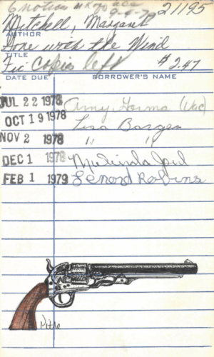 Heidi Pitre drawing in pen and ink and watercolor of a gun from gone with the wind for librarians and book lovers.