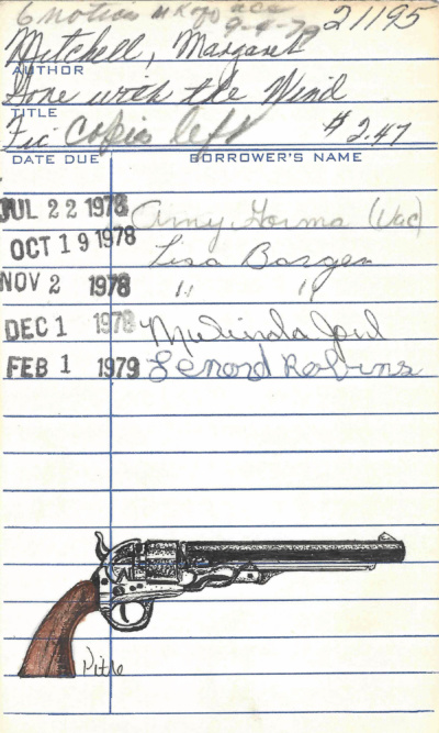 Heidi Pitre drawing in pen and ink and watercolor of a gun from gone with the wind for librarians and book lovers.