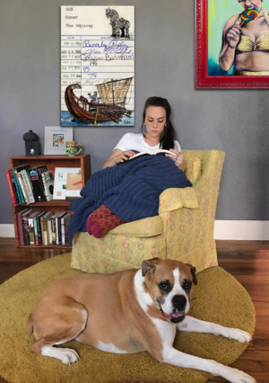 Heidi Pitre drawing of ulysses and trojan horse on vintage library card by homer. gifts for librarians and book lovers.