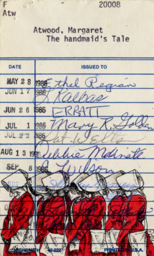 Heidi Pitre illustrates Margaret Atwood's a handmaid's tale on library card for librarians and book lovers