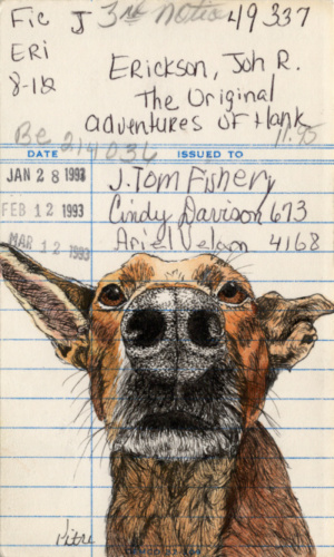 Heidi Pitre illustrates dog hank on the original adventures of hank the cow dog on vintage library card gifts for book lovers and librarians. pen and ink and watercolor
