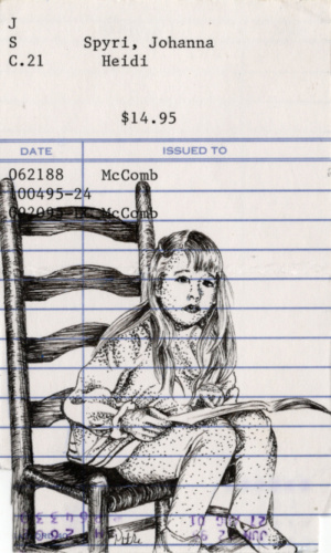 Heidi Pitre illustrates Heidi by spyra in pen and ink on vintage library card. gifts for librarians and book lovers