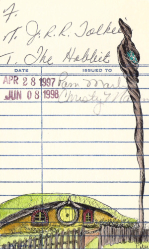 Heidi Pitre illustrates Tolkien's the hobbit staff and house in the shire on vintage library card gifts for librarian and book lovers
