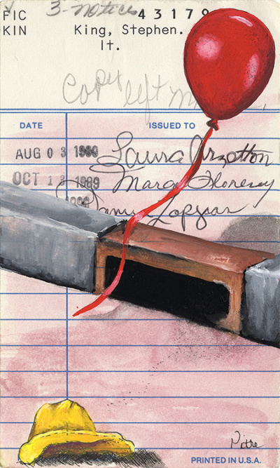 Heidi Pitre watercolor illustration of a red balloon and yellow rain cap on Stephen king's vintage library card of it. gifts for book lovers and librarians.