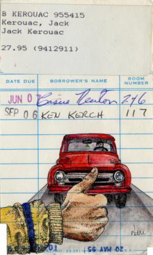 Heidi Pitre watercolor art of a red truck on jack keroac's on the road on vintage library card. gifts for librarians and book lovers.